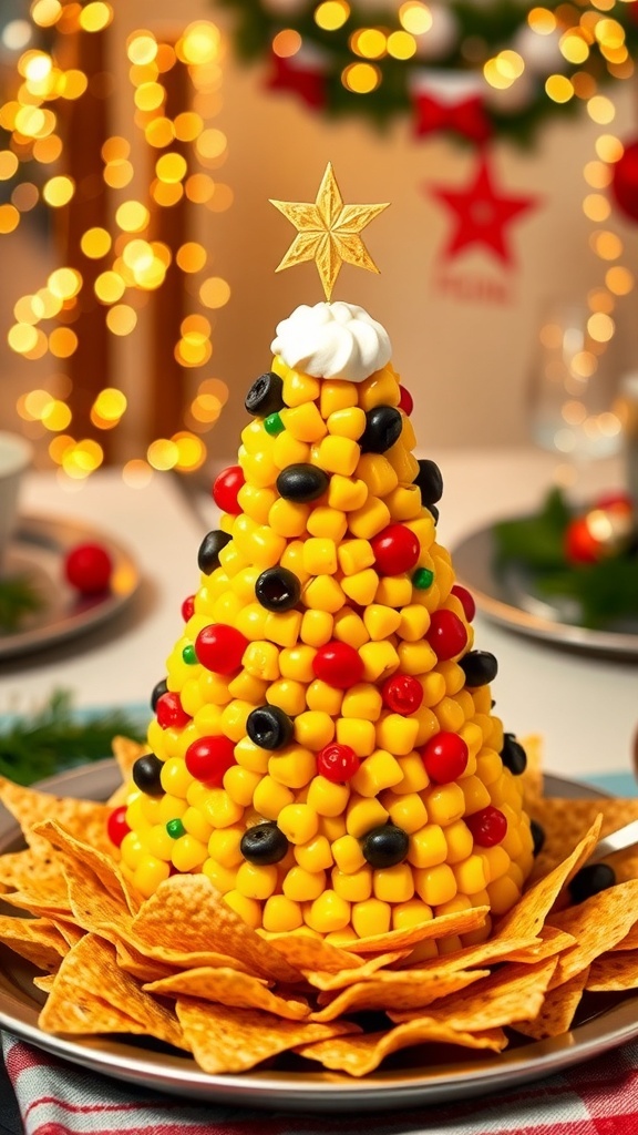A colorful corn Christmas tree appetizer with bell peppers and tomatoes, surrounded by tortilla chips on a festive table.